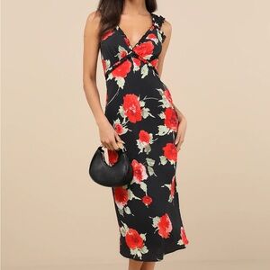Lulus Clarrie Black Floral Crinkle Satin Ruffled Midi Dress